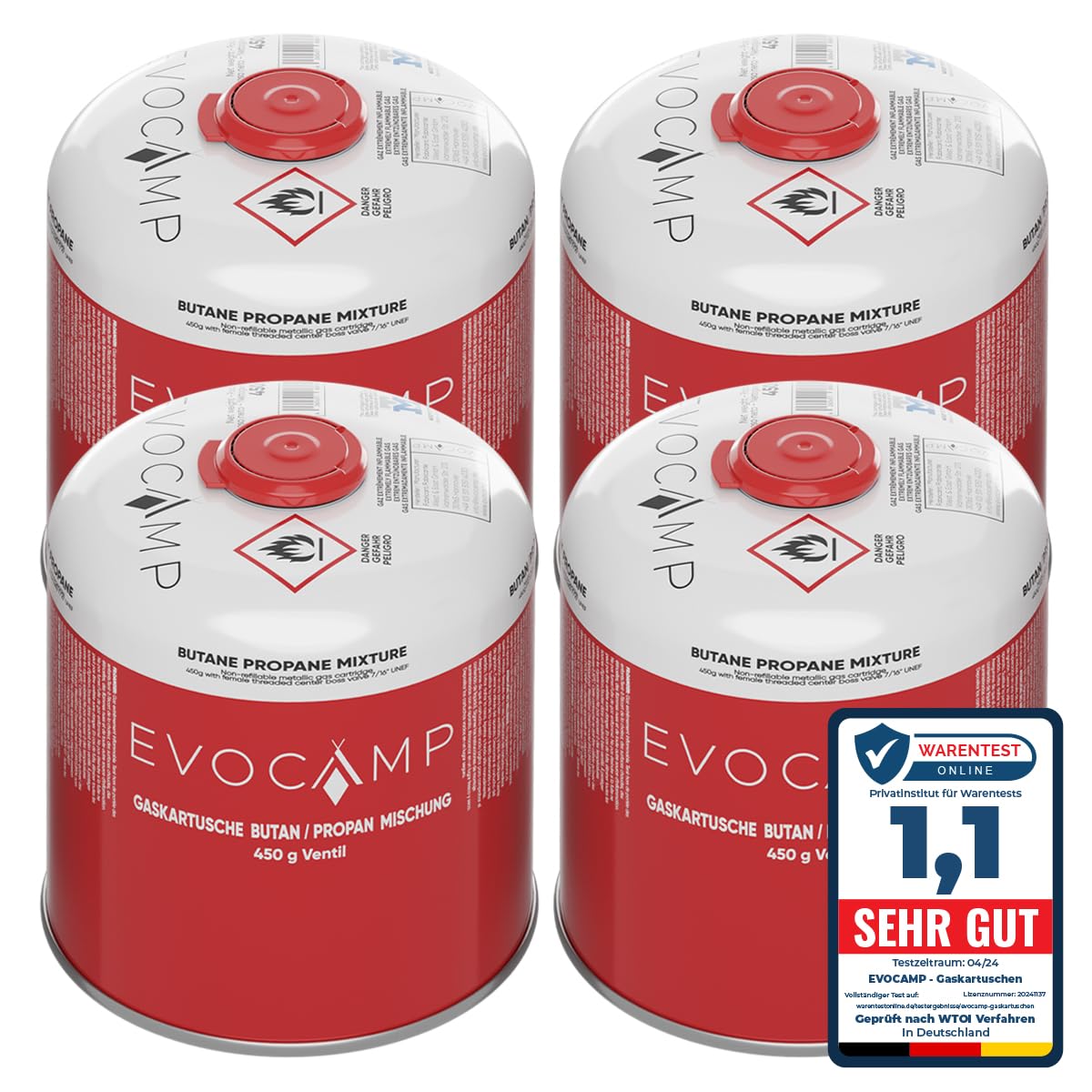 EVOCAMP 4X cartucho de gas Propano Butano 450g, cartucho de rosca europea 7/16", botellas de gas para camping 809ml, bombona de gas, puede utilizarse para barbacoas Weber de la serie Q100/1200