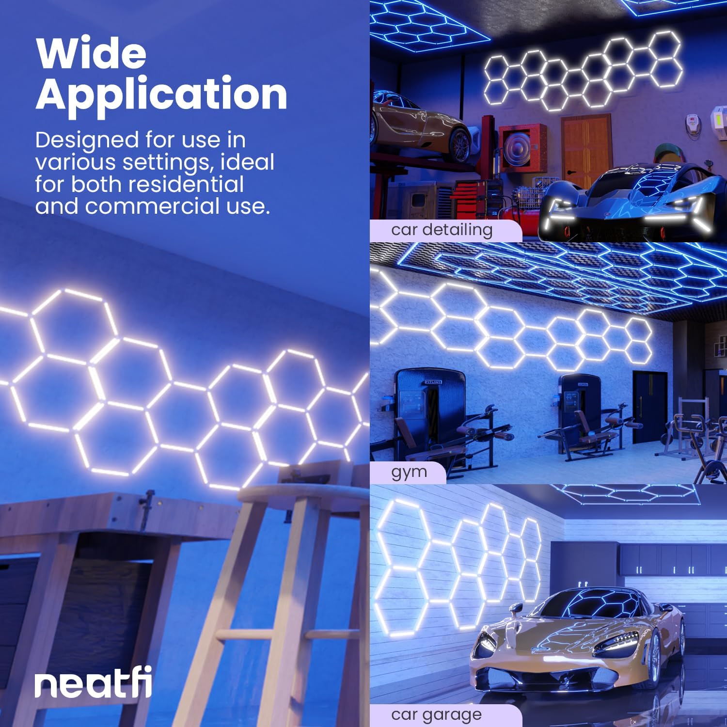 Neatfi LED Hexagon Garage Lights, 9,000 Lumens, 6500K, 90W, Hexagon Lights for Garage, Car Detailing, Auto Shops, Barber Shop, Basements, Warehouses, Beauty Salon, & Gyms (Cool White, 3 Hex)