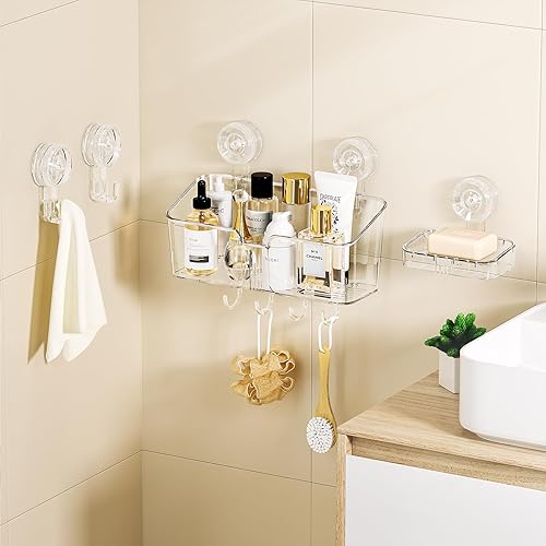 Miniatura 8 de LUXEAR Paquete de 4 unidades de ventosa para ducha, color blanco transparente, estante de ducha, jabonera, ganchos de succión, instalación en 1