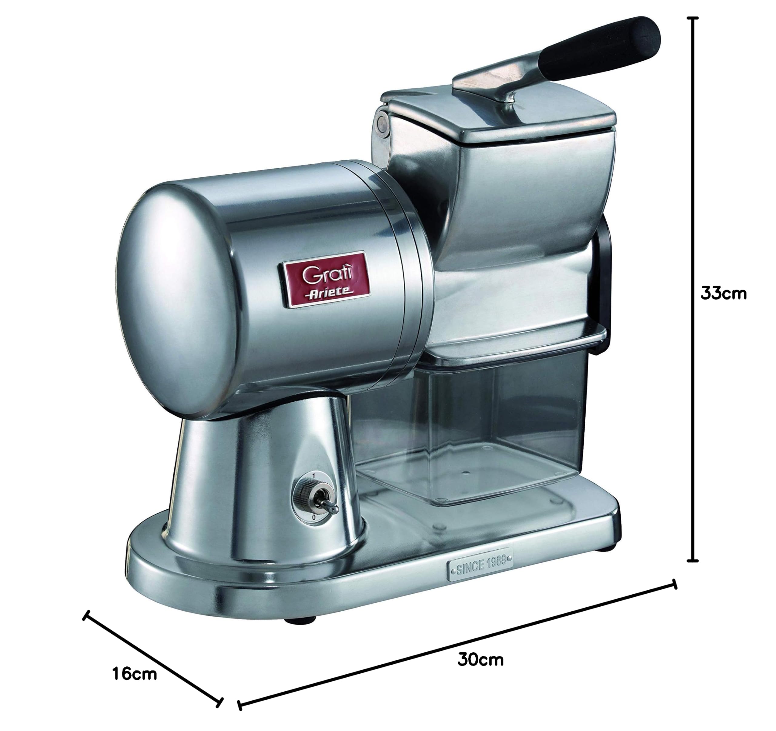 Ariete Gratì Superior 449, Grattugia Elettrica Professionale in Alluminio Pressofuso per Formaggio, Pane, Cioccolata, Frutta Secca, Motore ad Induzione, Facile da Pulire, 350W, Argento Lucido