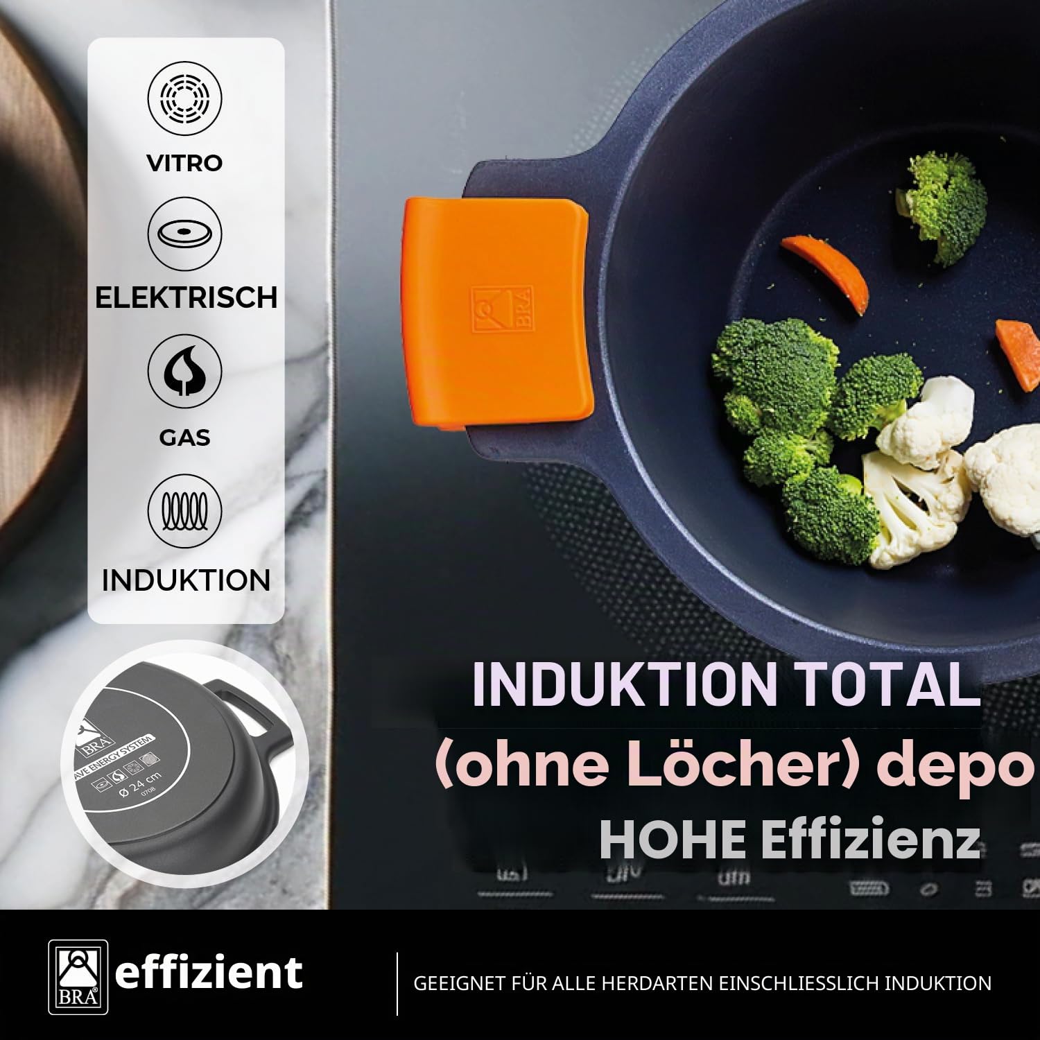 BRA Efficient | Hoher Topf mit Glasdeckel und Silikongriffen, 11 Liter, 28 cm, für alle Herdarten einschließlich Induktion geeignet, Aluminium, Schwarz