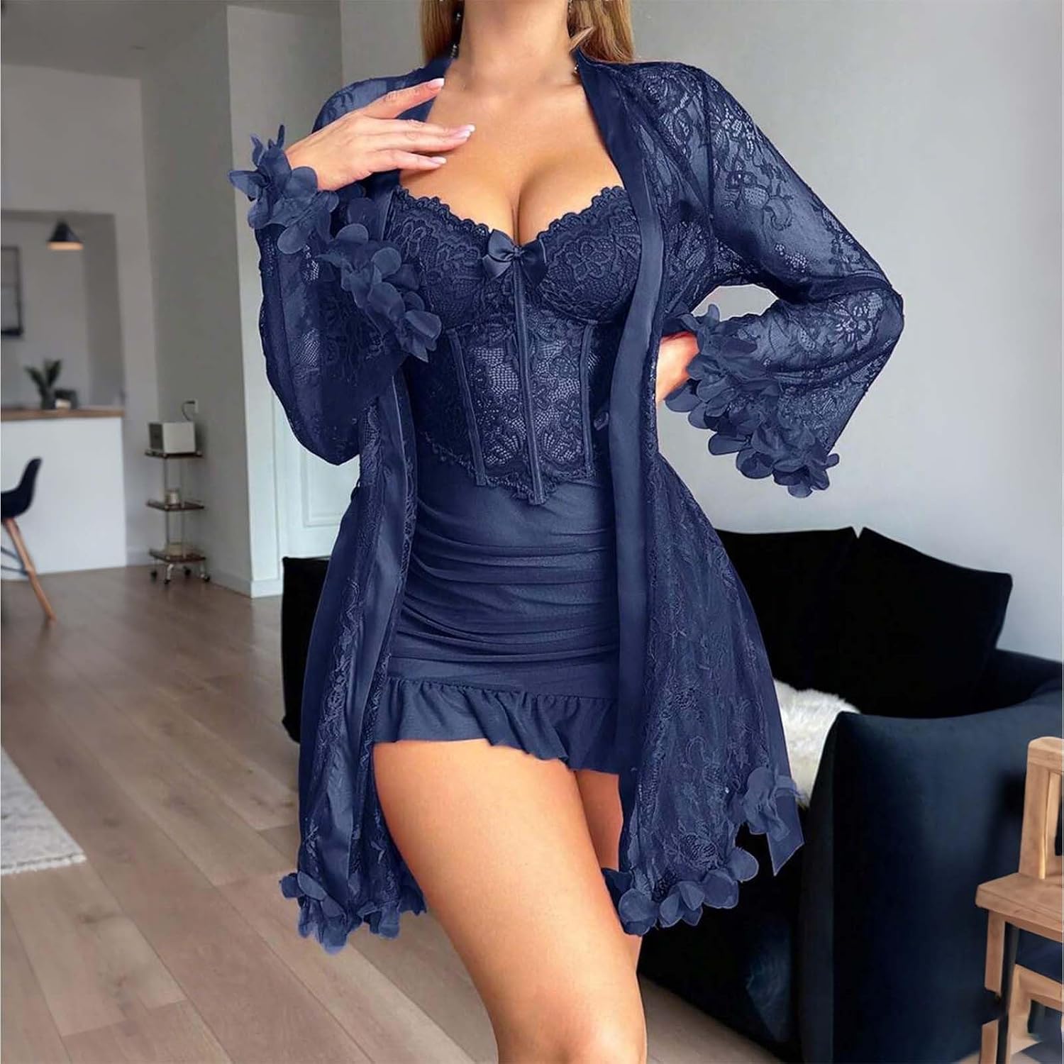 Oplxuo Lingerie Set for Women Sexy - 2 Piece Babydoll & Lace Robe Set Strap Chemise Sleepwear Mesh Nightgown Ruffle Nightwear
