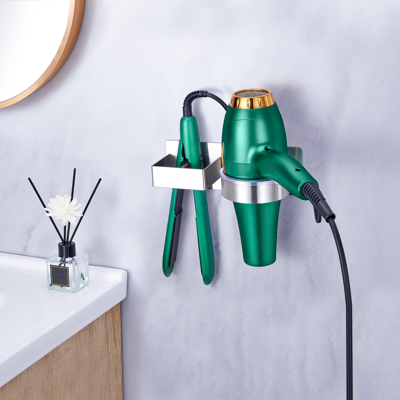 Appendi Phon Bagno, Porta Piastra per Capelli, Porta phon da Muro Senza Foratura, Supporto per asciugacapelli e Piastra lisciante Autoadesivo, Supporto da Parete (Argento)