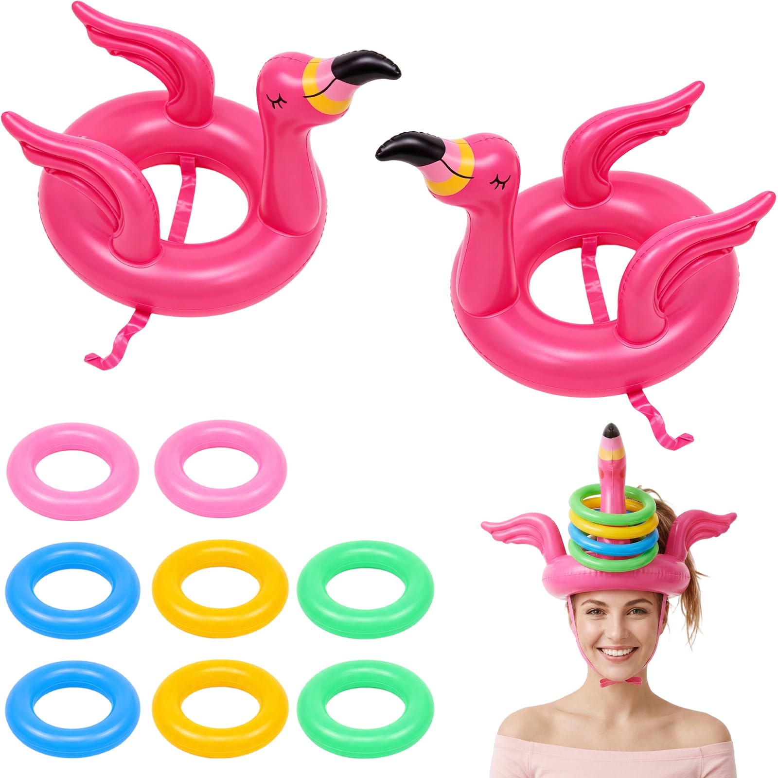 Inflatable Flamingo Pool Games Set, Ring Toss Game for Outdoor Water Activities, Two Floating Flamingo Pool Inflatables with Vibrant Design for Family Gatherings