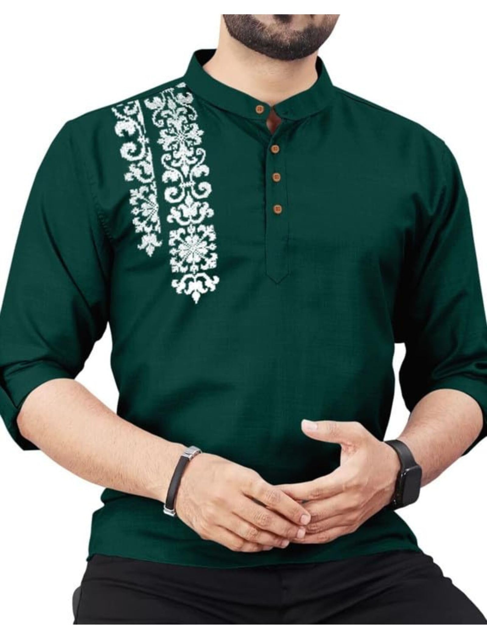 finivo fashion Men's Cotton Blend Kurta Style Shirt | Mandarin Collar Long Sleeve Casual Ethnic Shirt with Button Placket | Stylish Festival-picture-15
