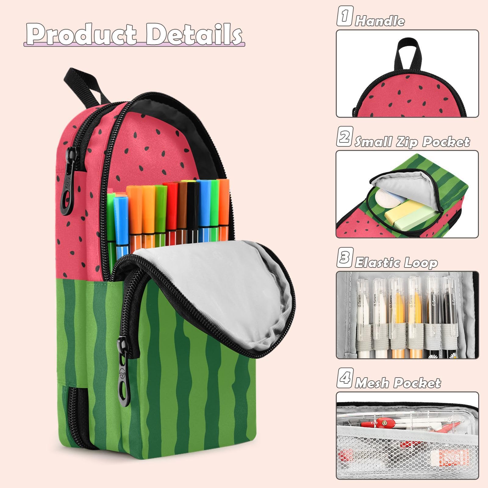 Estuche para lápices para niñas adolescentes, sandía, frutas, suministros de papelería portátil con asa y bucle con cremallera
