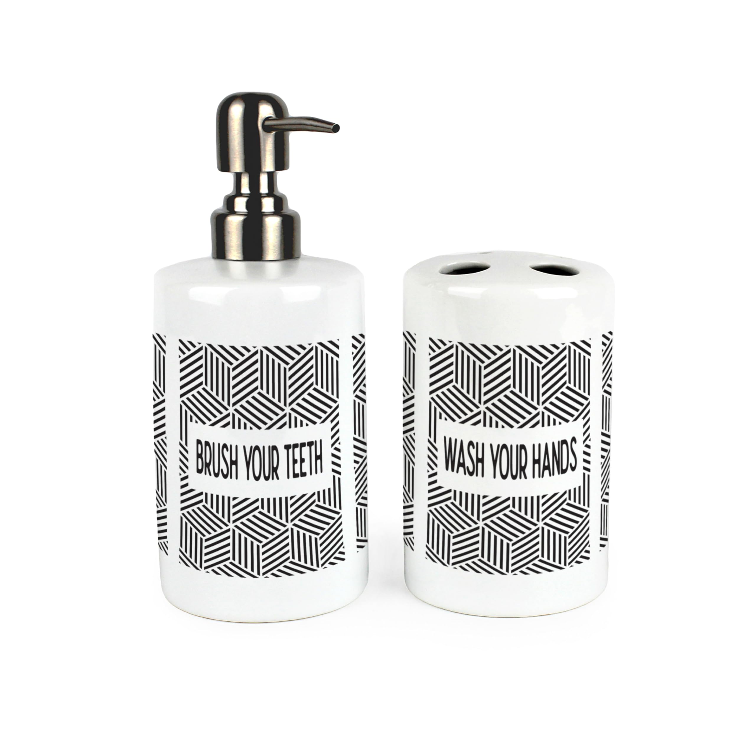 Juego de baño geométrico retro en cerámica blanca y negra de dos piezas elegantes
