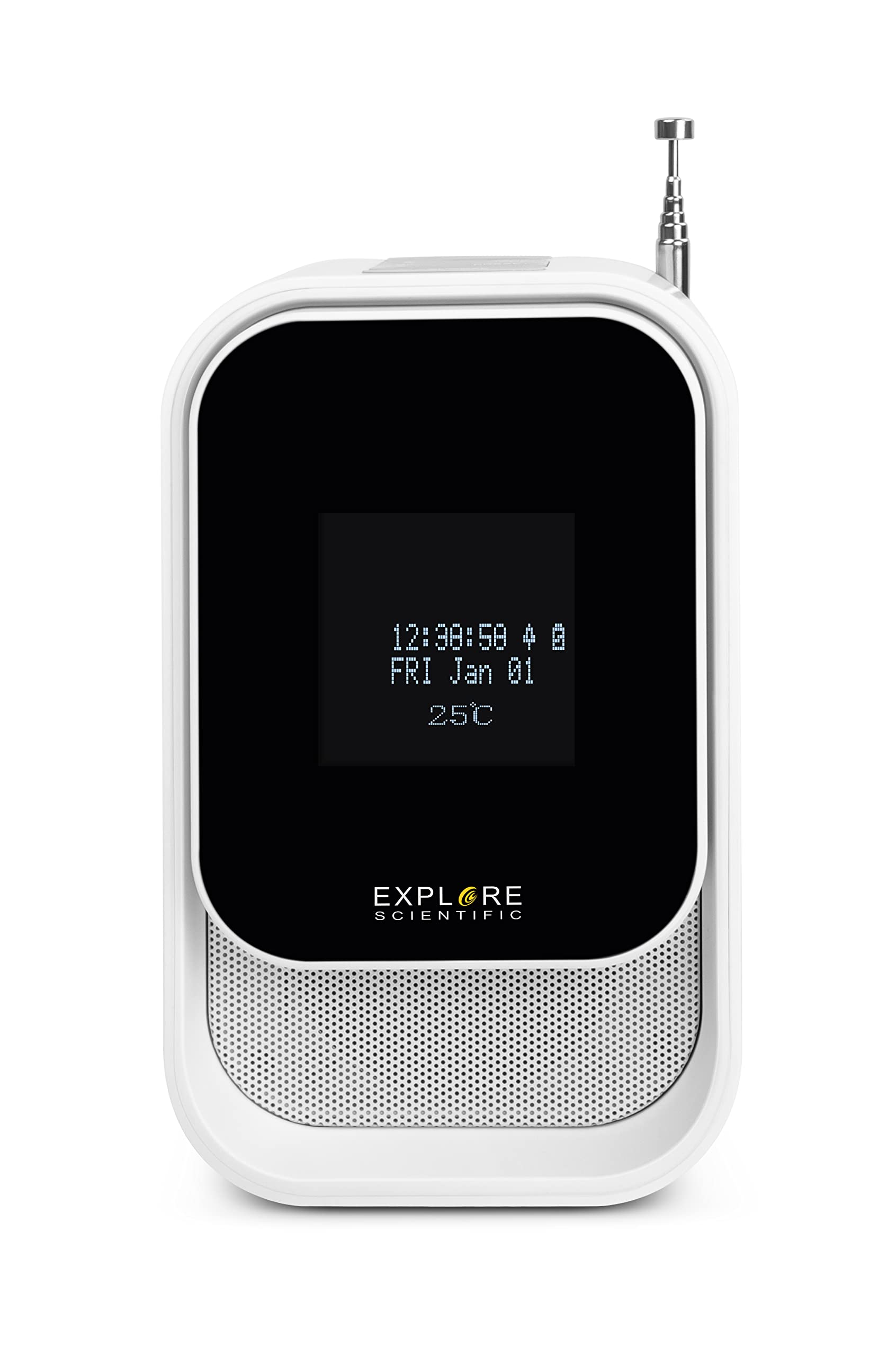 Explore Scientific BCR2001 - Radio Despertador con función Dab+, Bluetooth, Toma USB, batería Recargable, Color Blanco