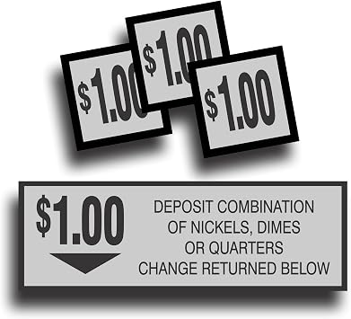 Vending Machine Coin Slot Change Decal Sticker, 1.00 One Dollar Generic Compatible with Vintage or Current Soda Pop Soft Drink 1 1/2 x 4 1/2 Inch Black on Silver Plus 3 Square Decals