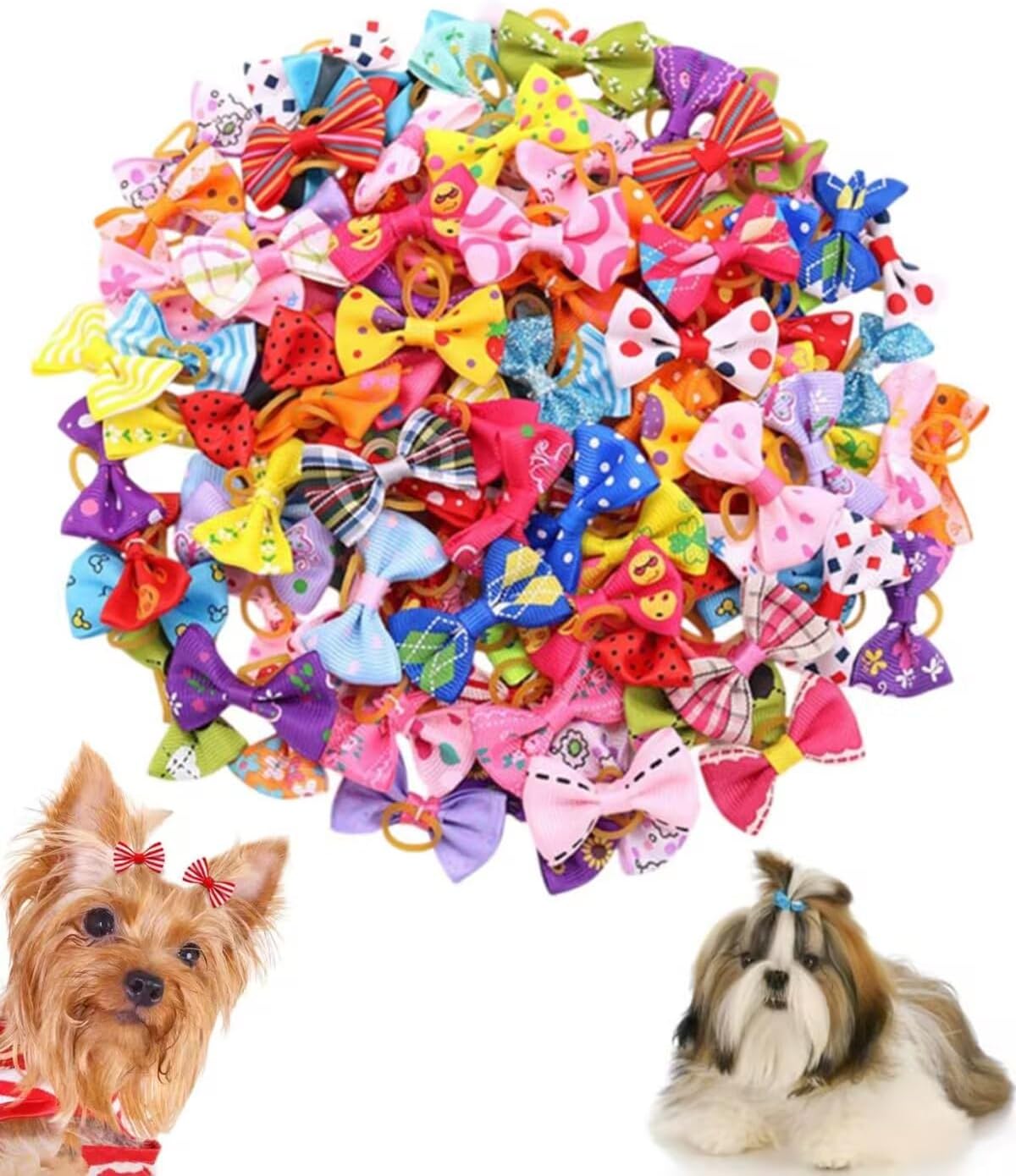 Dog Hair Bows, Dog Hair Bows Dog Hair Accessories with Bands for Small Dogs, Cats and Puppies, Random Colors (20 pcs) 2