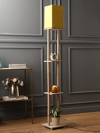 SANDED EDGE - SMARTLY PRICED Mario 3 Tier Shelf Storage Solid Wood Floor Lamp with Yellow Color Shade for Home, Living Room, Office D?cor, Gift- Pack of 1