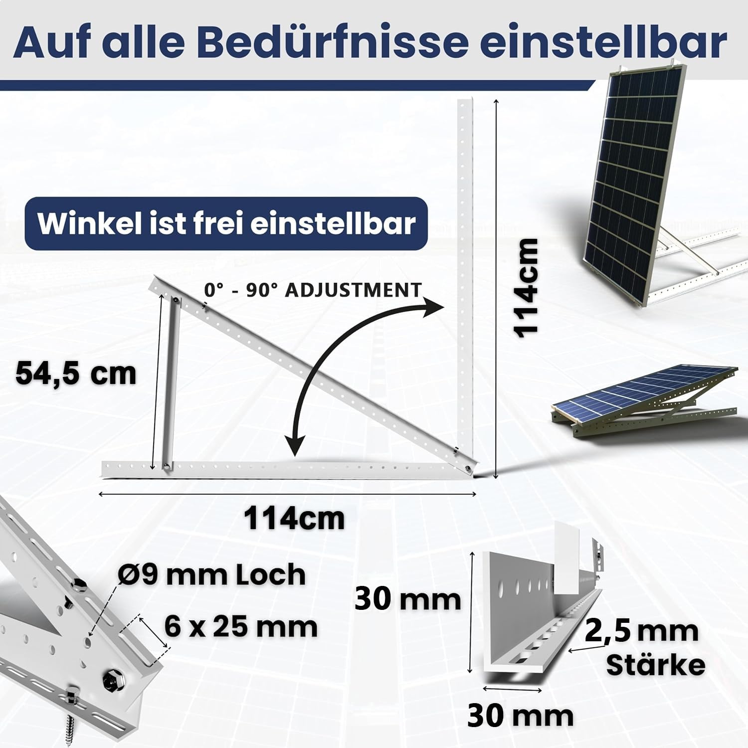 GLIESE Supporto per pannello solare, 114 cm, pannelli solari, set di montaggio da 0° a 90°, supporto fotovoltaico, per tetto piatto da 100 W a 600 W, montaggio a parete, fotovoltaico, balcone (2 set
