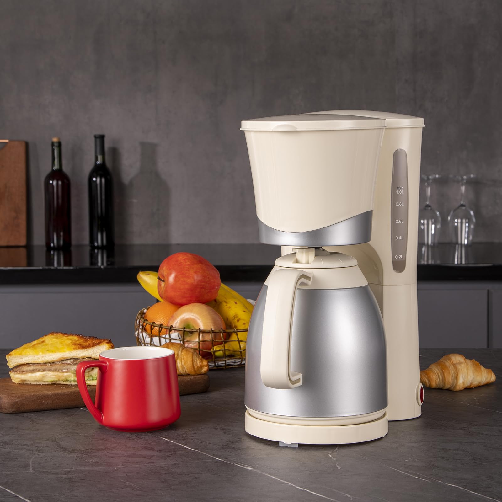 SENYA Cafetera Eléctrica Crema 1L – Cafetera Filtro con jarra Isotérmica, compacta y elegante, apagado automático, fácil de usar y limpiar