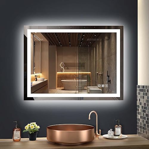 Espejo de baño LED de lujo de 48 x 36 pulgadas, tocador moderno con luces ajustables, función antiniebla, control táctil regulable, impermeable