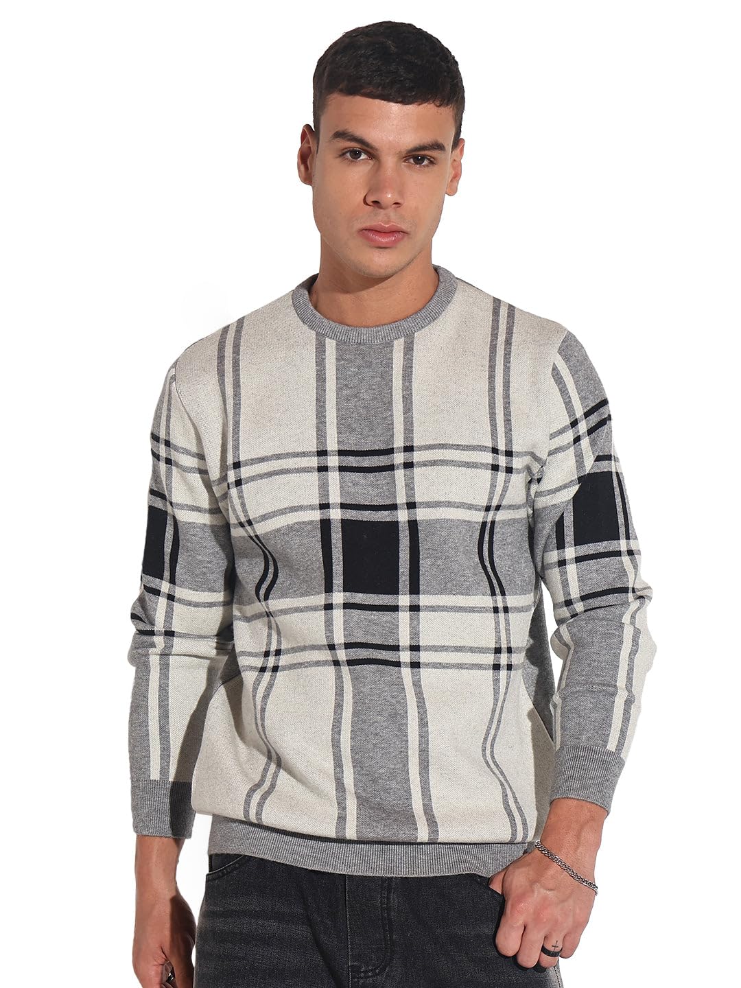 showoffff Edition Men's Checked Grey Ribbed Round Neck Sweater-LBR-2518_Grey-picture-39