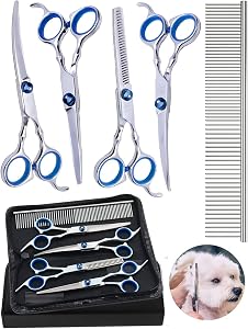 5 in 1 Dog Grooming Scissors Set, Sharp & Durable Pet Grooming Scissors Kit, Stainless Steel Professional Dog Grooming Scissors, Titanium Coated Grooming Scissors for Dogs & Cats