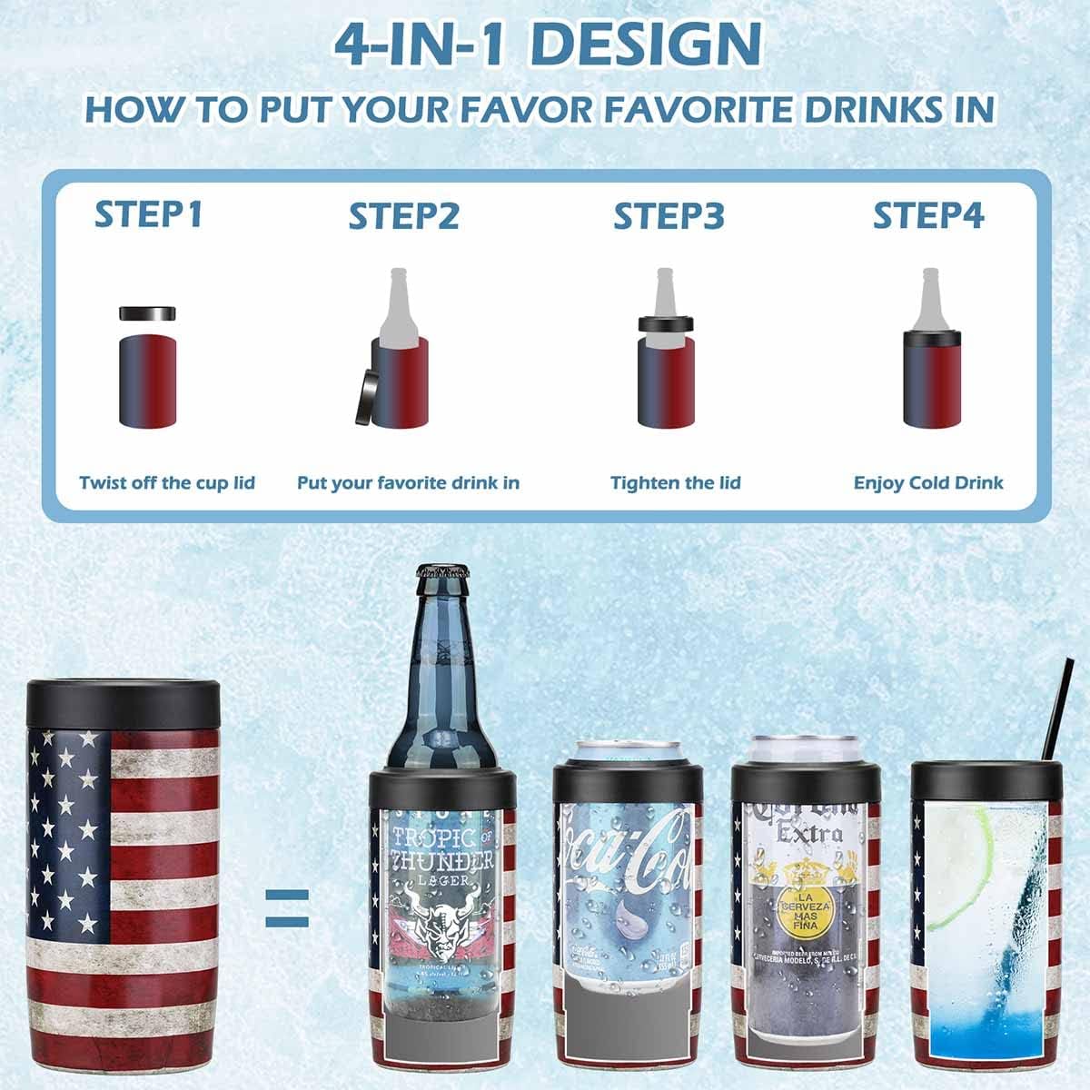 MAISON HUIS 4 In 1 Beer Can Cooler Bottle Holder Works With 12oz Standard Can Keeps Your Beverage Cold(Awesome Flags): Home & Kitchen