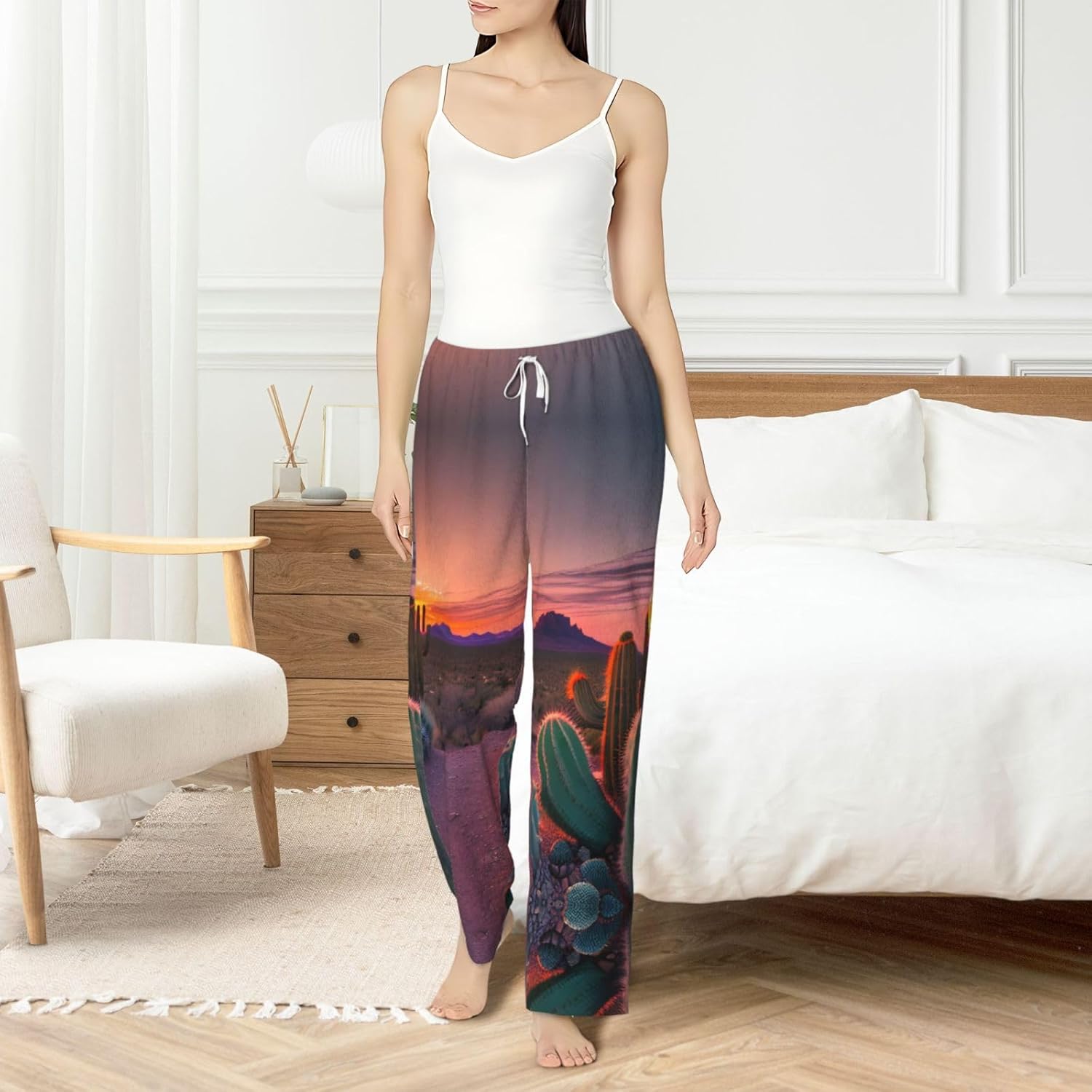 Cactus Desert Sunset Print Cozy Christmas Pajama Pants,Flannel Pajama Bottoms,Cater To Various Body Types