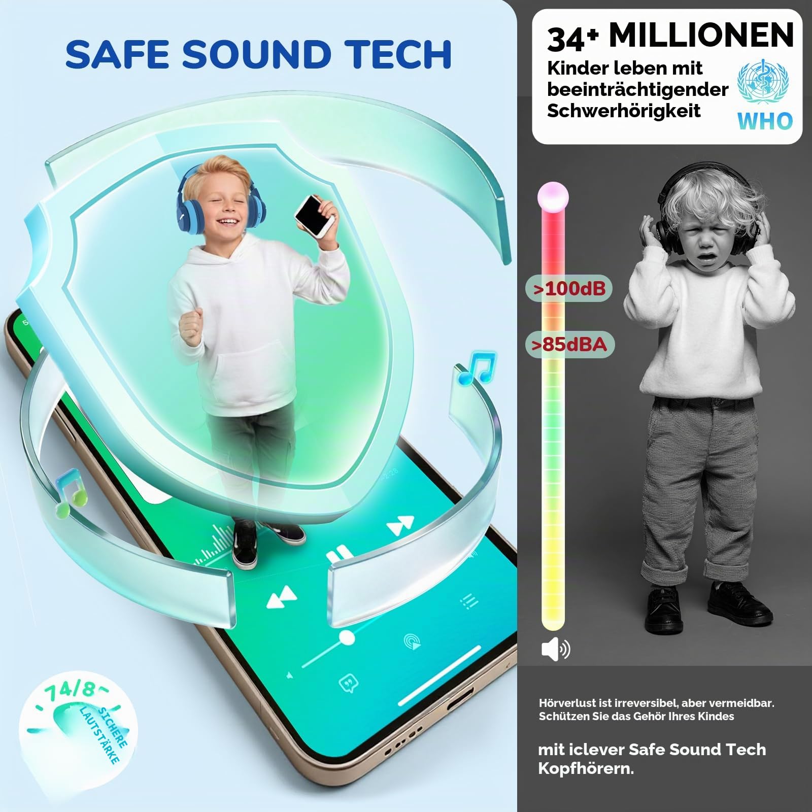 iClever Bluetooth Kinder Kopfhörer, Farbige LED-Leuchten, Kinderkopfhörer Over-Ear mit 74/85dBA Lautstärkebegrenzung, 85 Stunden Spielzeit, Bluetooth 5.2, Eingebautes Mikrofon Blau