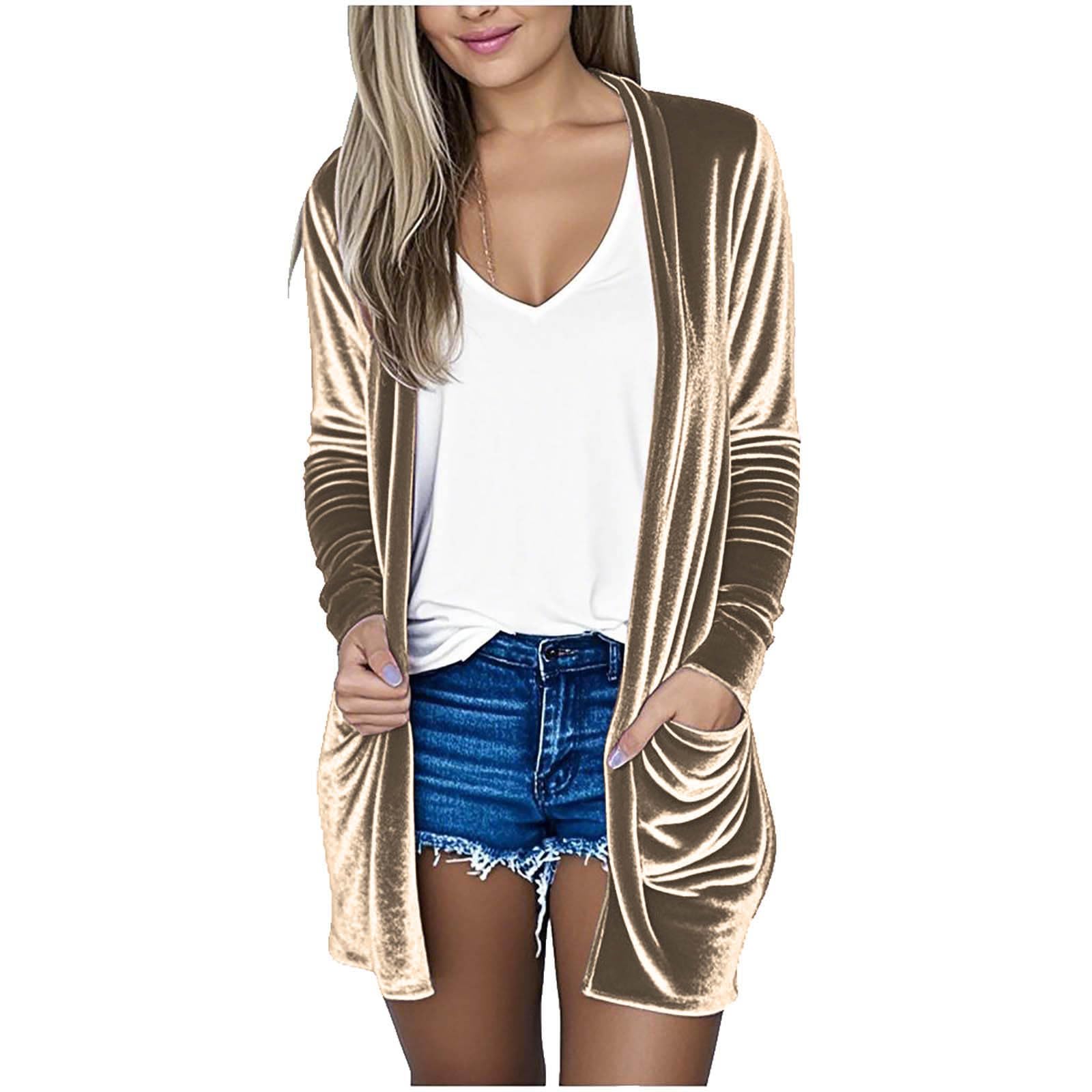 Womens Velvet Cardigan Jacket Long Sleeve Open Front Vintage Cardigan Sweater with Pockets
