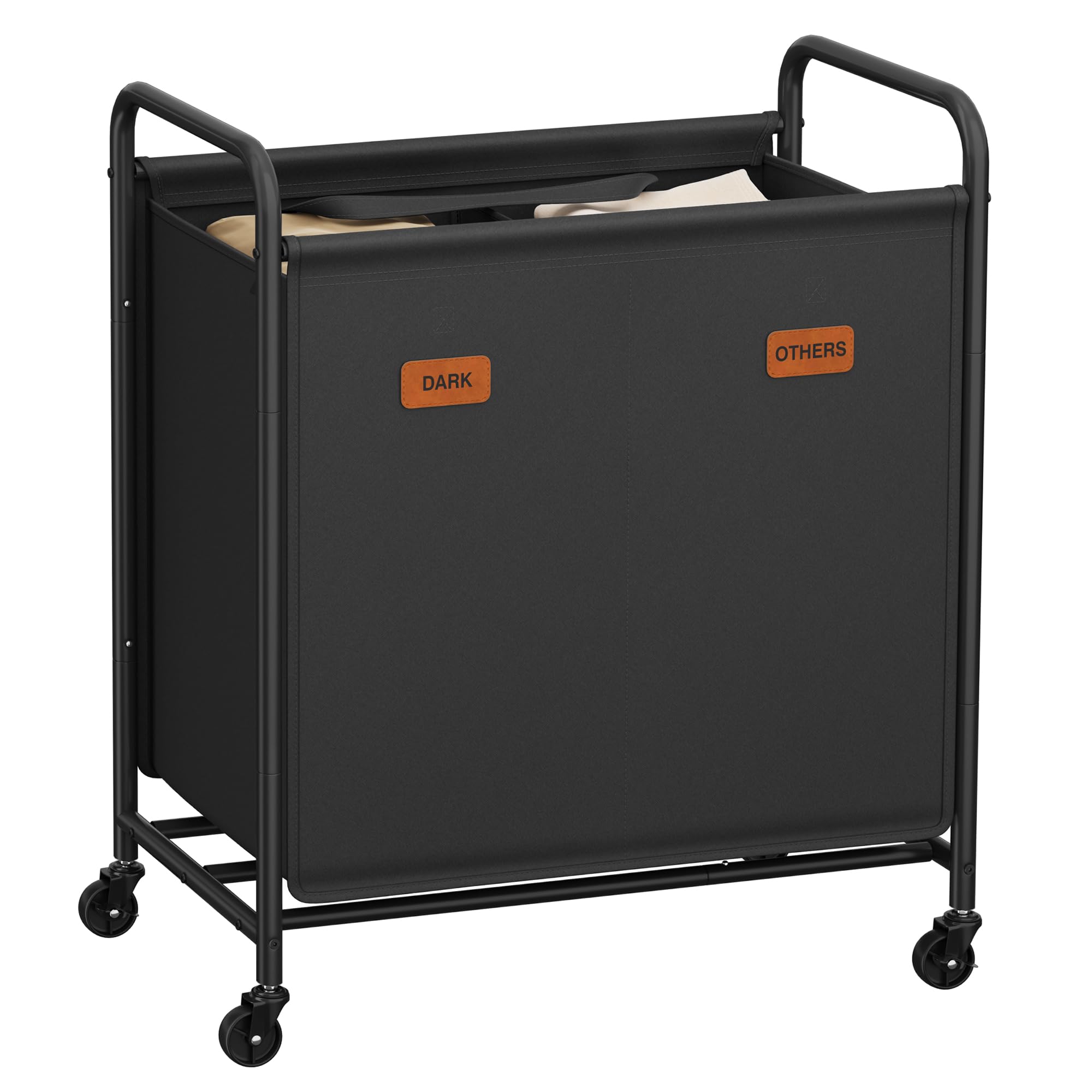 SONGMICS Laundry Basket with Wheels, Laundry Hamper 2 Compartments, 140L Laundry Sorter, Movable Laundry Trolley, 5 Labels, for Laundry Room, Bedroom, Bathroom, Ink Black RLS210B01