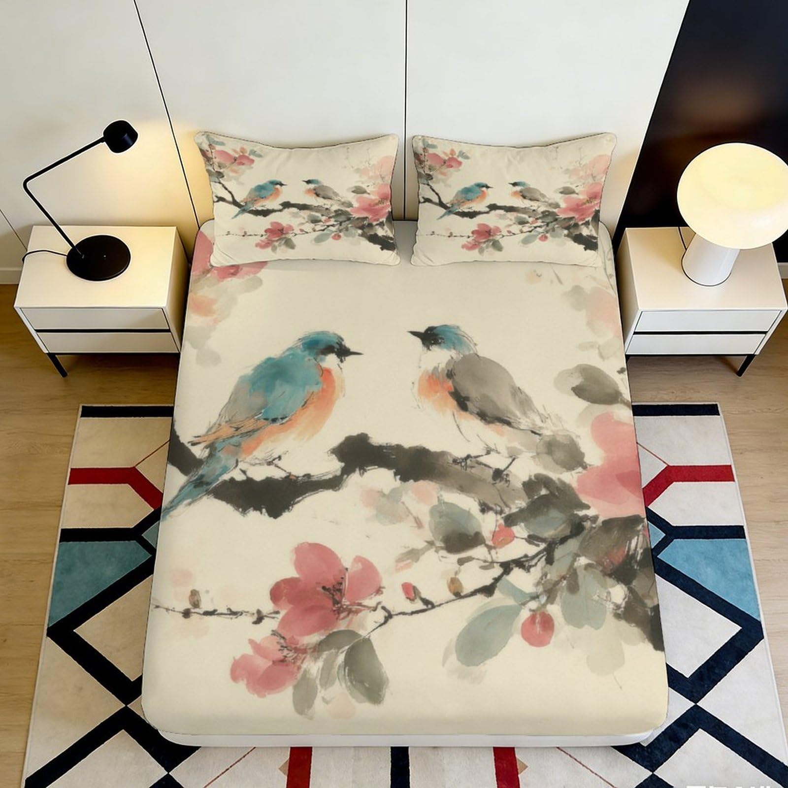 3D Printed Bird Floral Fitted Sheet Microfiber Soft Breathable Blossom Bed Cover for Bedroom Home Dorm Guest Room Mattress Protection 200x200x25cm