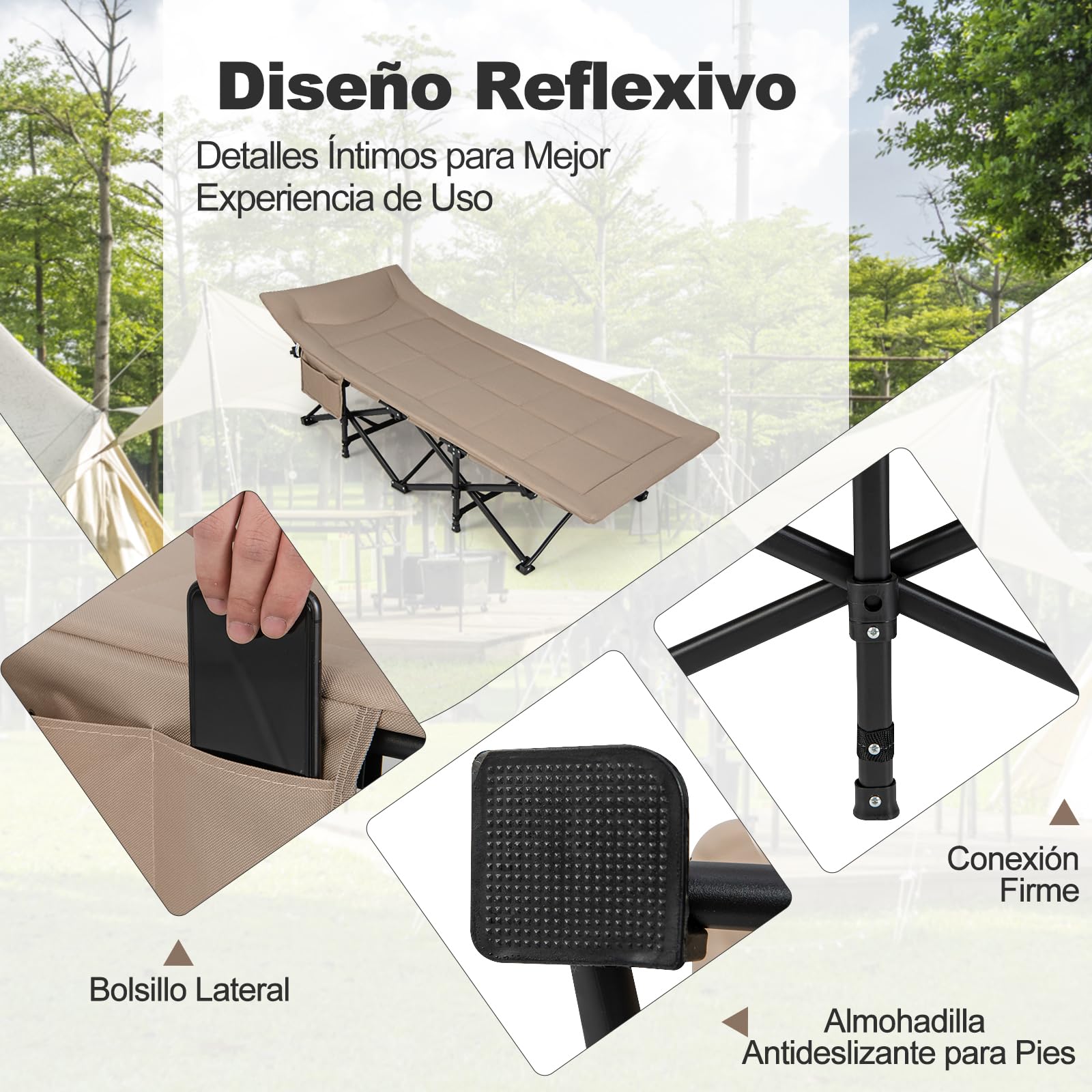 GOPLUS Cama de Camping Plegable, Cama Portátil con Soporte de Metal Sólido, Colchón Cómodo, Bolsa de Transporte, Bolsillo Lateral y Pies Antideslizantes, 190 x 68,5 x 48,5 cm, Carga 200 kg (Caqui)