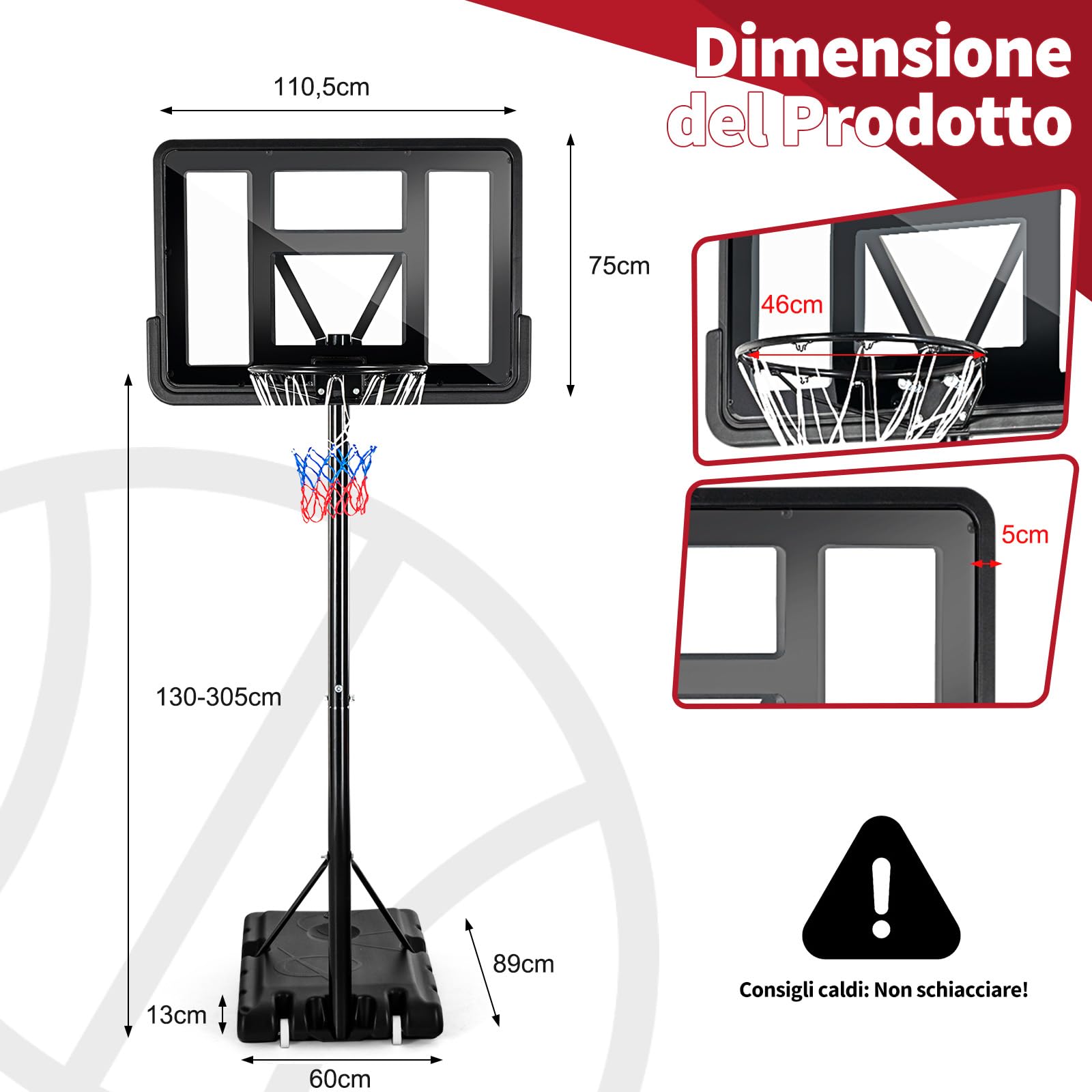 COSTWAY Canestro da Basket Portatile per Adulti, Canestro Basket Regolabile in Altezza 1,3M-3,05M con Ruote Tabellone Infrangibile e Retina Durevole, Adatto a Interno Esterno, Nero