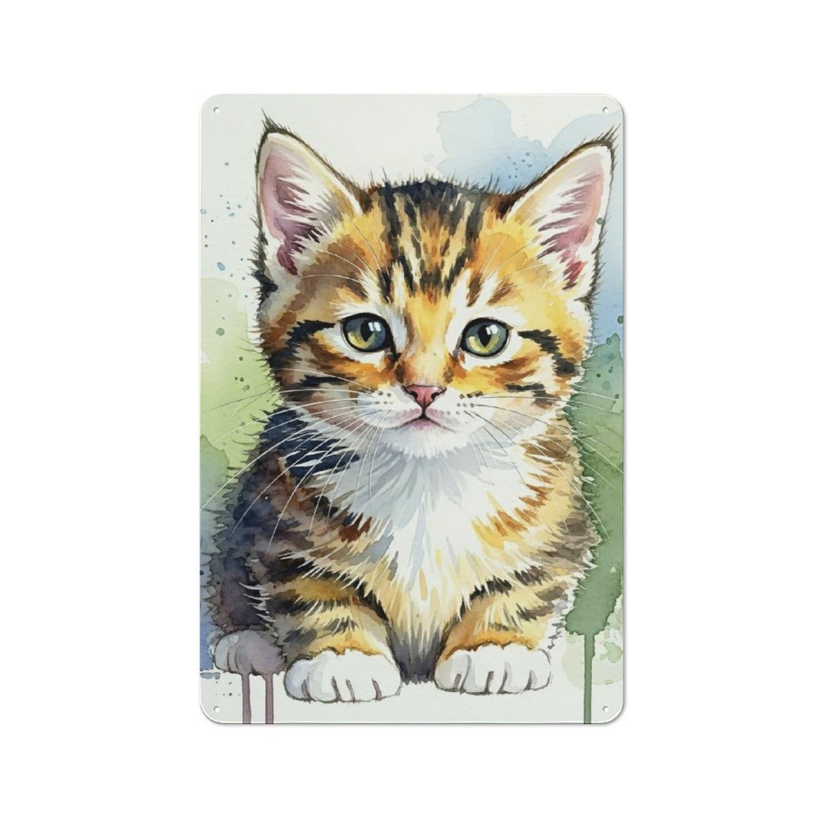 Junmoney Style-14 Tin Wall Plaque 30X20cm With Watercolor Kitten Portrait For Home Office Or Studio, For Garage, Workshop And Man Cave Decoration