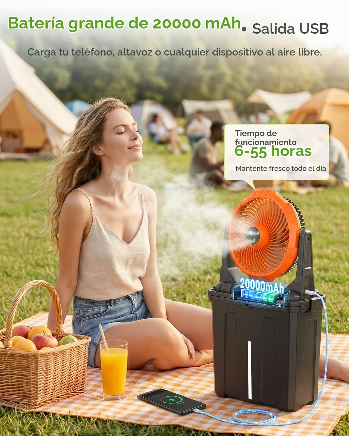 Ausic Ventilador de nebulización portátil oscilante de 10 pulgadas y 9 L mejorado con luz, [máximo 55 horas] Ventilador de carrito de golf para patios exteriores, ventilador de refrigeración de agua