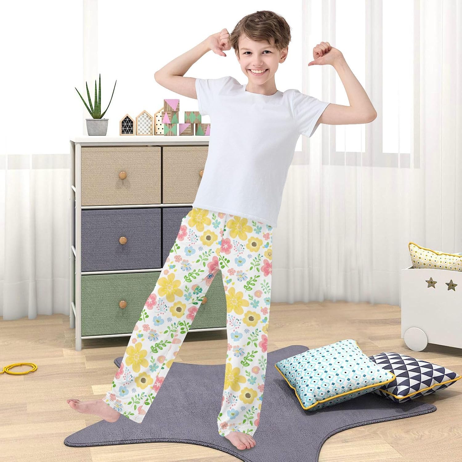 J JOYSAY Floral Blossom Foliage White Pajamas Pants Soft Long Pajama Bottoms Lounge Sleep Pants Size S-XL