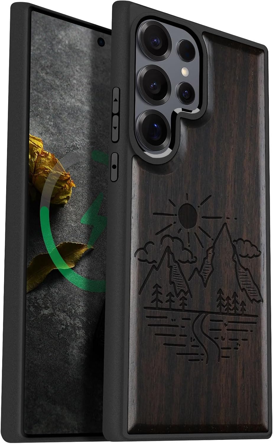 Carveit Magnetic Wooden Case for Samsung Galaxy S25 Ultra Case 2025, TPU Shockproof Cover & Wood Artisan Engraved, Compatible with MagSafe Wireless Chargers (Wilderness Night) Rosy