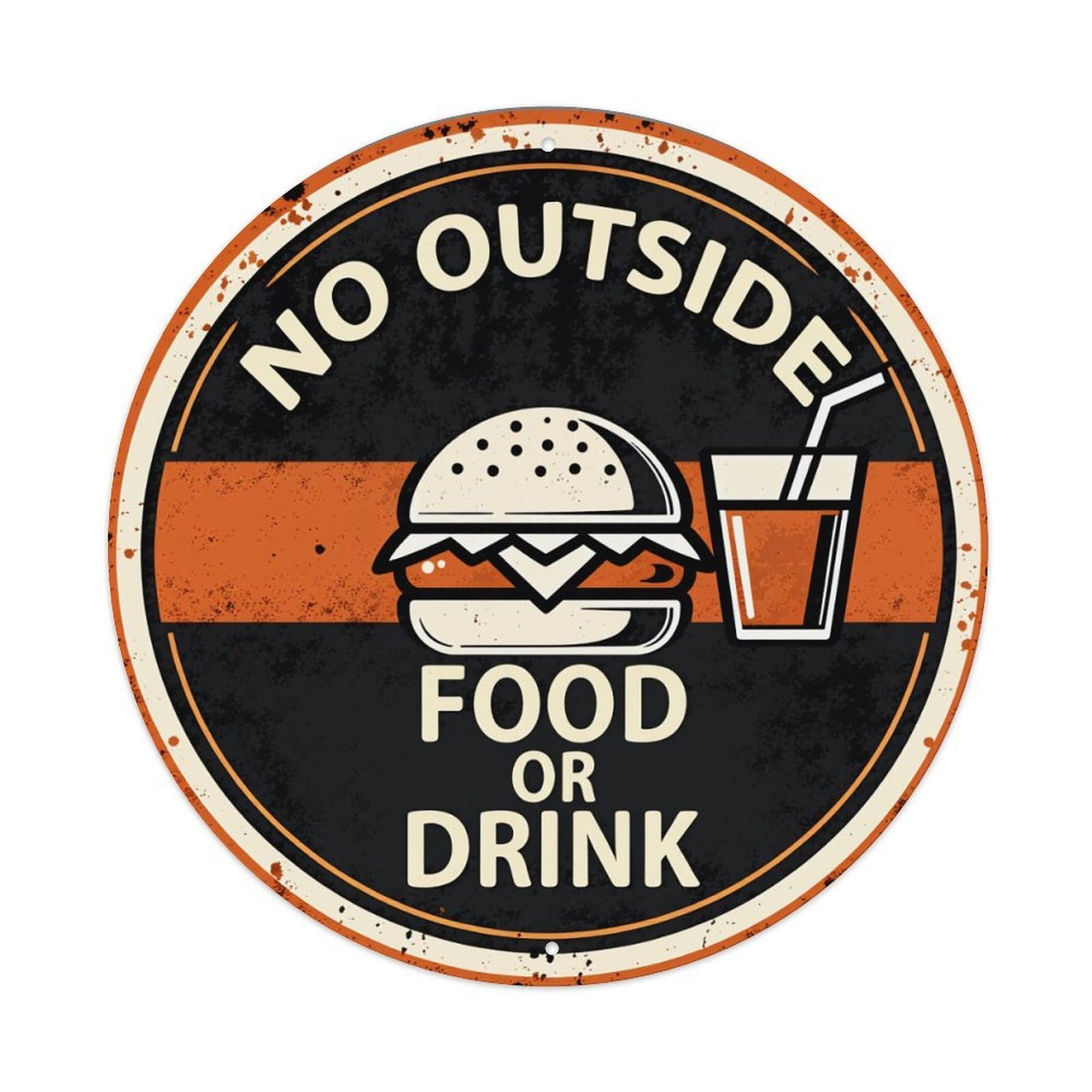 Wmlzdnwr Vintage No Outside Food Or Drink Sign With Burger And Drink Icon Round Tin Sign,Retro Wall Art,Metal Poster For Home, Bar, Garage, Cafe, Rustic Indoor & Outdoor Decor, 8X8 Inches