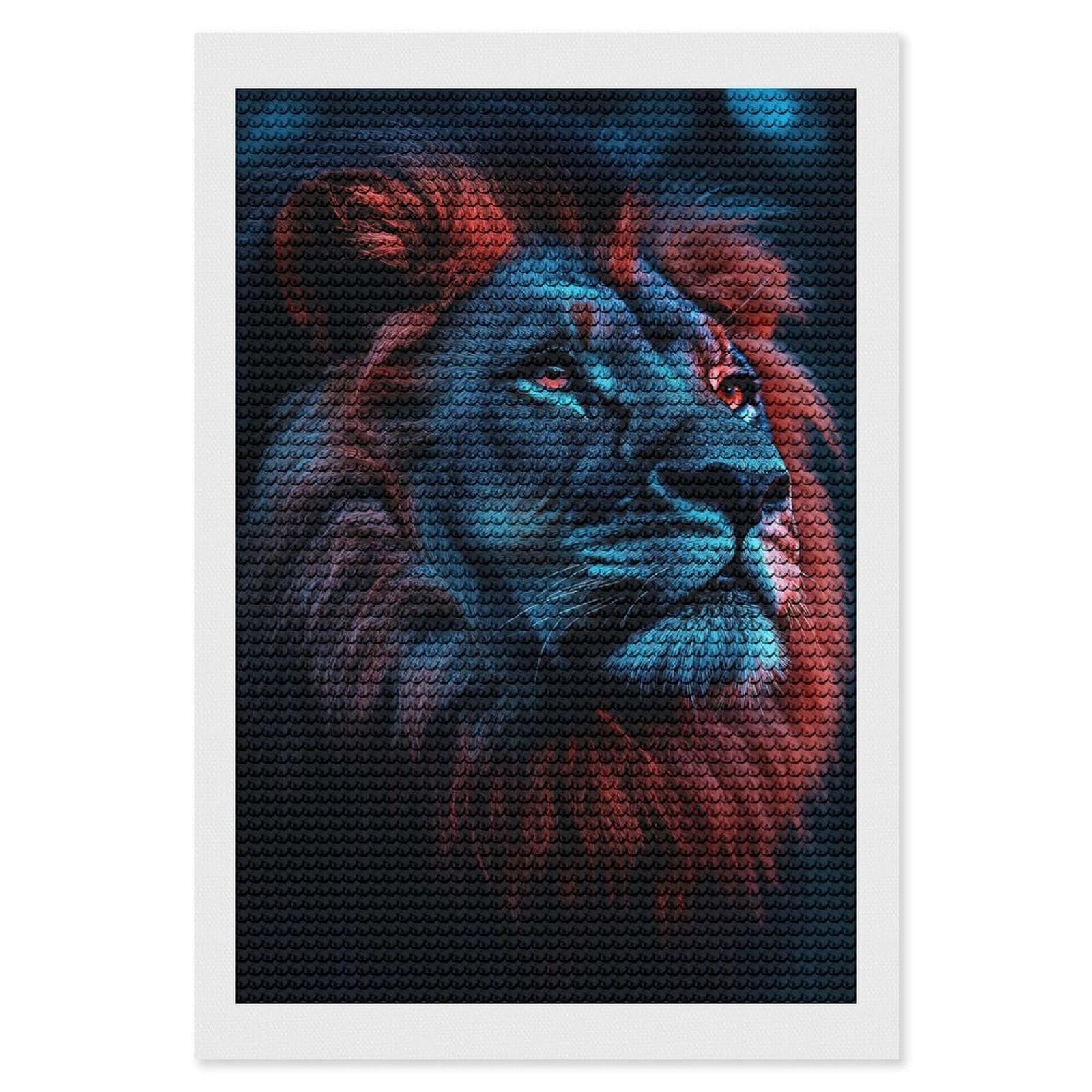 Junmoney Lion Portrait with Red and Blue Lighting Diamond Painting Set 8"x12", Sparkling Round Gems, Decorate Your Room, Fun Craft Experience, Modern Decor