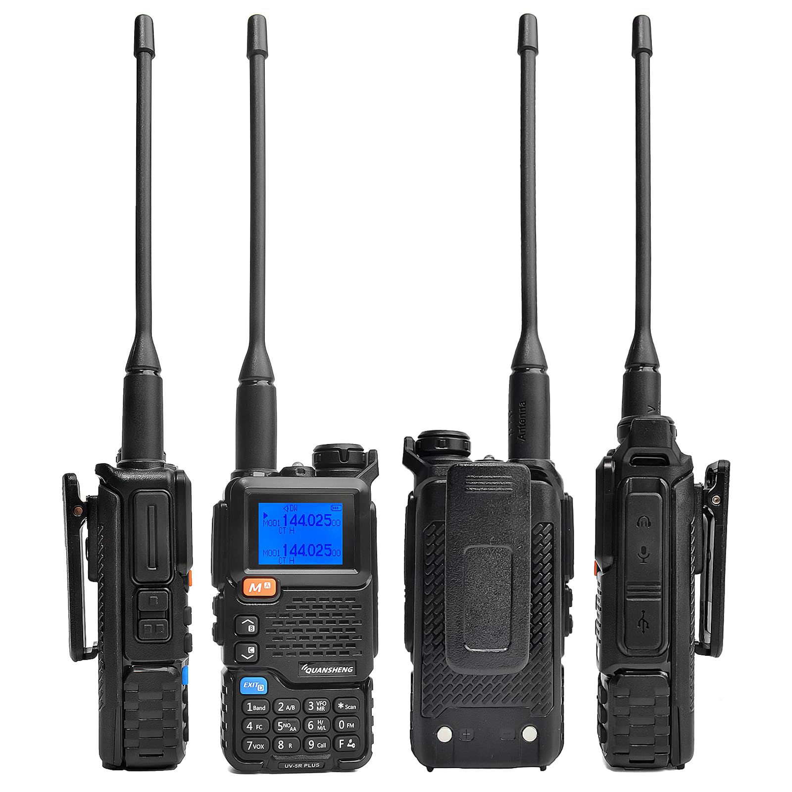 QUANSHENG UV-5RPLUS Funkgerät 5W Walkie Talkie großer Reichweite Wiederaufladbare Handfunkgerät für Erwachsene Polizei Radio mit FM, NOAA, Typ-C Ladung, 200 Kanäle (UV-5RPLUS mit D Form Ohrhörer)