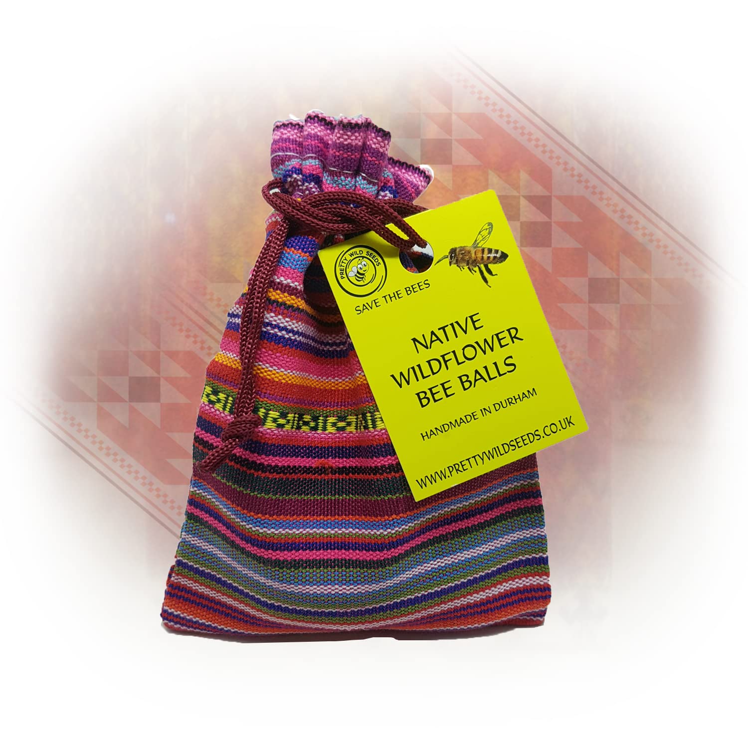 Wildflower BeeBalls in Hippy Boho Cotton Pouch Native Wild Flower Seeds in Handmade Seed Bee Ball Bombs to Save The Bees Butterfly & Pollinators (Pattern Stripe x10)