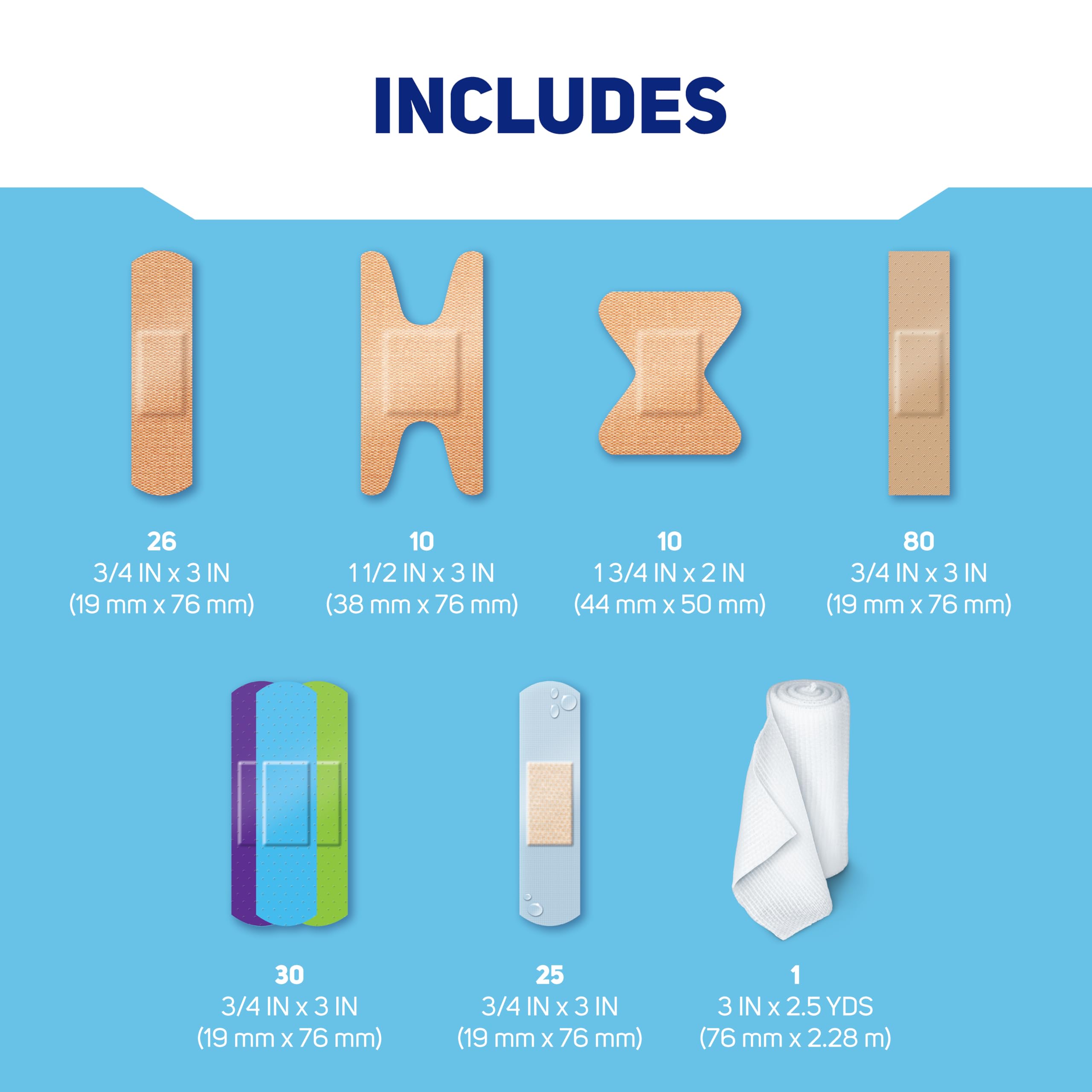 Care Science CarePak - Confezione assortita, 182 pezzi, misure assortite | Assortimento di bende confezionate singolarmente e garza arrotolata. Include bende trasparenti, impermeabili e in plastica