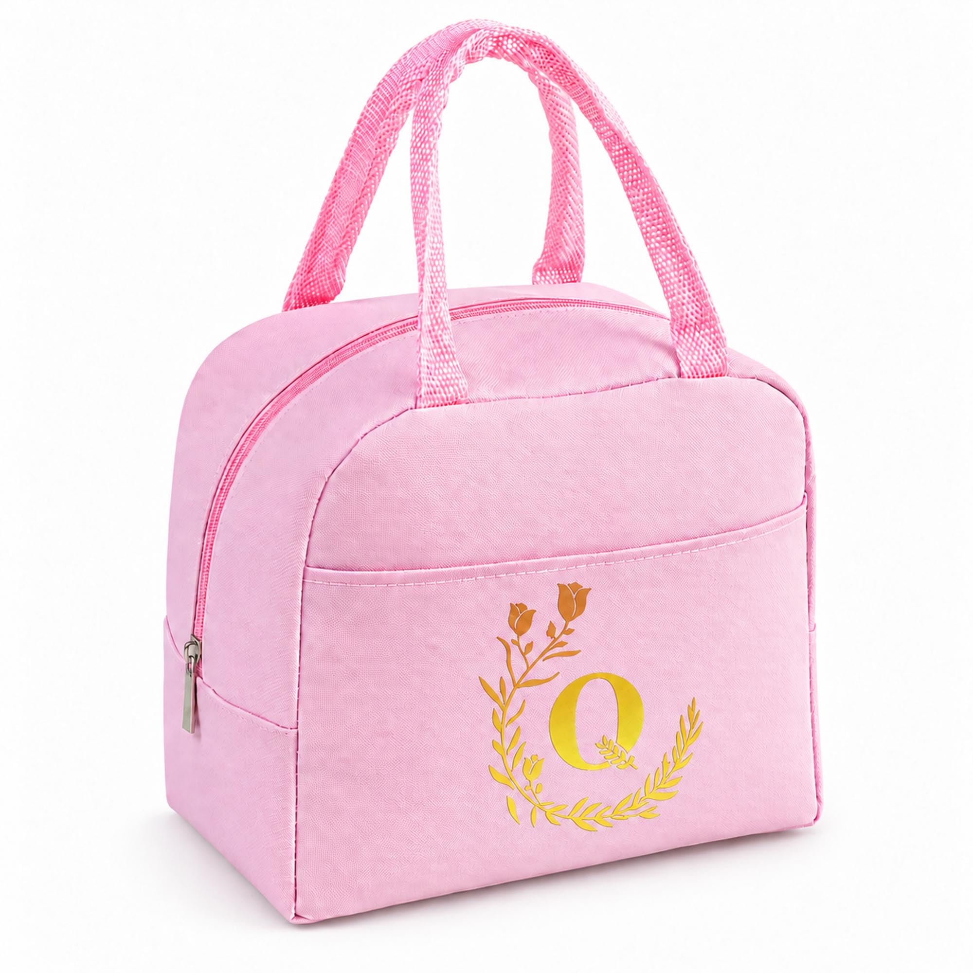 Personalized Pink Initial Letters Insulated Lunch Bag for Women Men Kids -Q