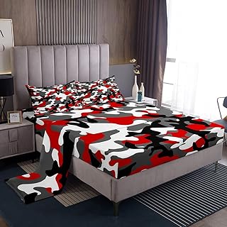 Camo Bed Sheets For Kids Boys Camouflage Sheet Set Full Size For Teens Youth Adult Men Bedroom Decor, Abstract Colorful Fitted Sheet+ Red Black Military Top Sheet+2 Pillow Cases, Grey White