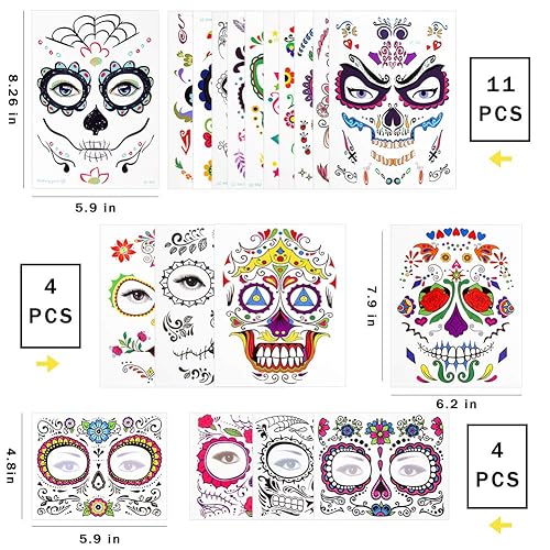 Miniatura 2 de 3 otters Tatuajes faciales de Halloween, 19 unidades, tatuajes temporales de calavera de azúcar y esqueleto para el día de los muertos, fiestas de