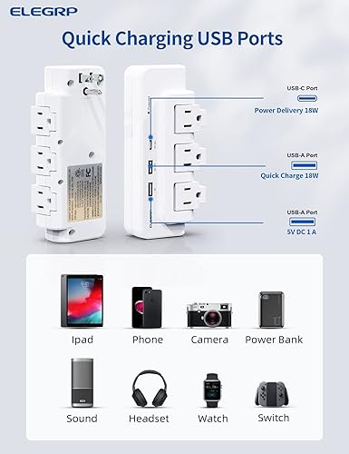 Miniatura 4 de ELEGRP Extensor de salida con 3 salidas giratorias protectoras contra sobretensiones, adaptador de enchufe múltiple con 3 puertos USB, regleta de