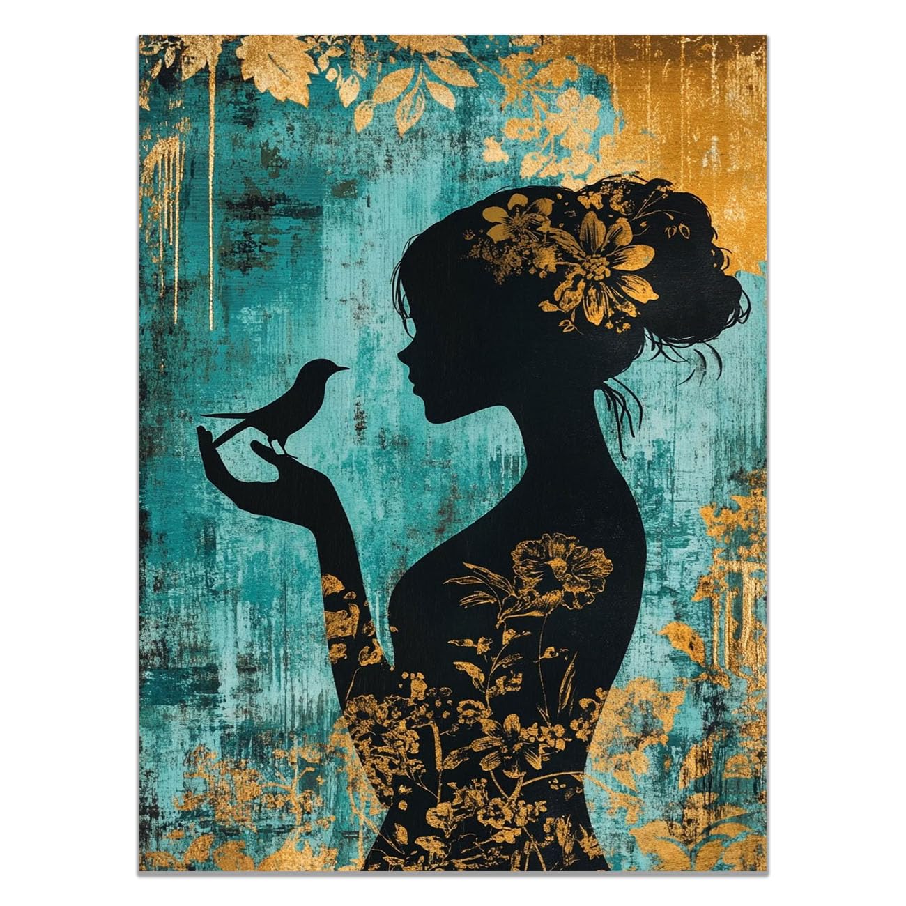 QUSAAOU Fashion Canvas Wall Lady Floral Silhouette Bird Background Living Room Bedroom African American Woman Wall Decor Art Wall For Home Afro Woman Poster And Prints(teal)-30x45cm1 Unframed