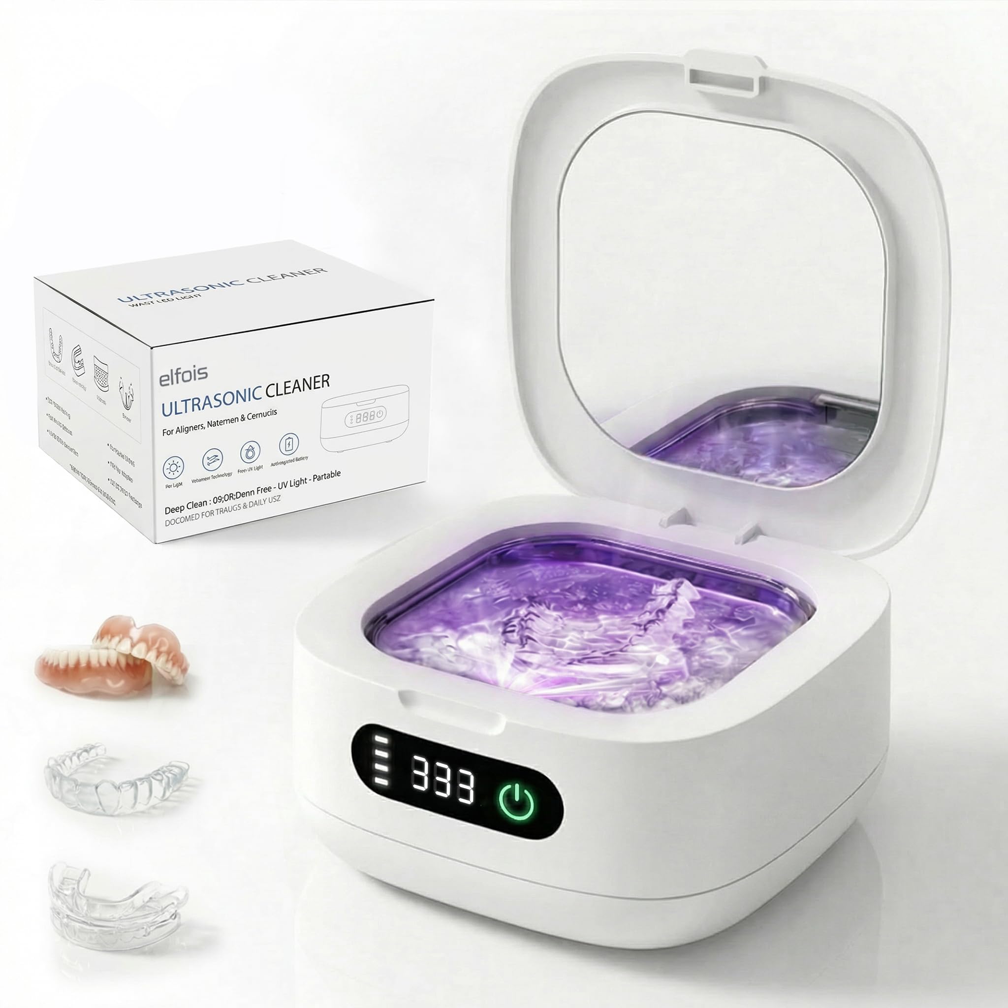 Portable Ultrasonic Retainer Cleaner with UV - Cordless Rechargeable Cleaner Machine for Invisalign Aligners Night Guards Dentures Travel-Ready