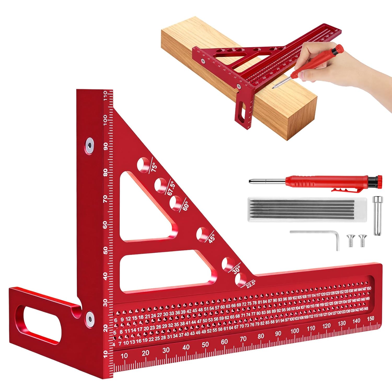 Flintronic 3D Carpenter Square, 22.5-90 Degree Aluminium Alloy Angle Measuring Ruler, 150mm High Precision Woodworking Speed Square with Woodworking Pens for Engineers Carpenters(Red)