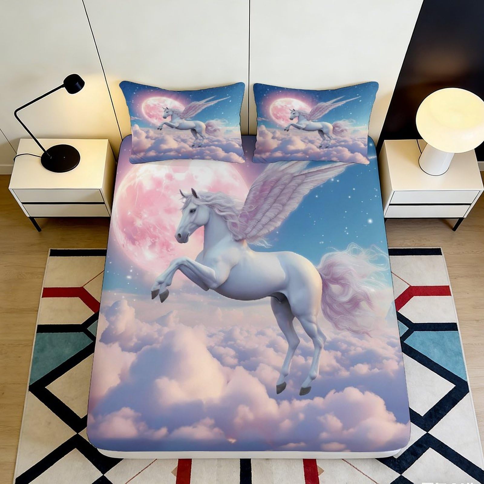Pnayamiorkfel Style-4 3D Printed Fantasy Pegasus Fitted Sheet Microfiber Soft Pastel Sky Mattress Cover For Bedroom Guest Room Decor 90X200x25cm