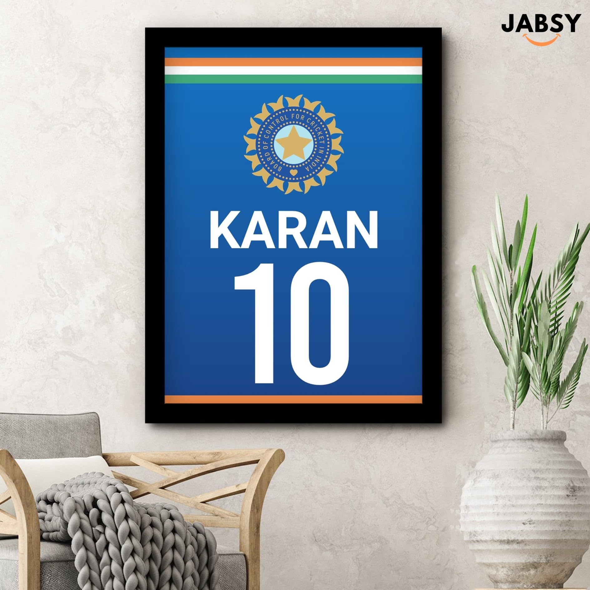 JABSY Personalised Framed Art Print with Your IPL Team Logo, Your Name and Jersey Number for Home Bedroom Office | Wall Frame Gift for Cricket Lover (Team INDIA)