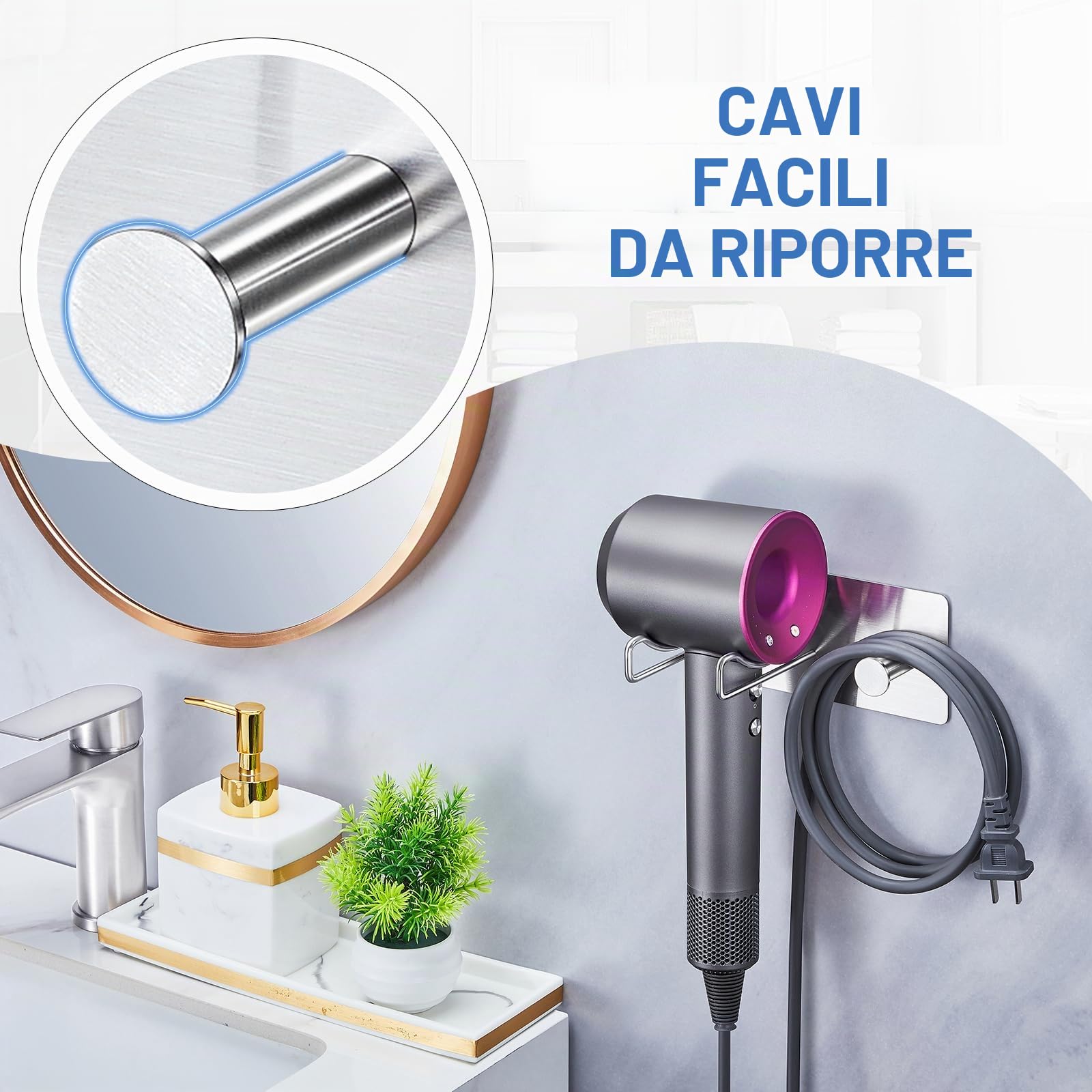 Supporto per asciugacapelli da Bagno a Parete Senza Foratura, in Acciaio Inox con mensole di Supporto, Supporto per asciugacapelli, da incollare per Bagno, Camera da Letto, Hotel (Argento)