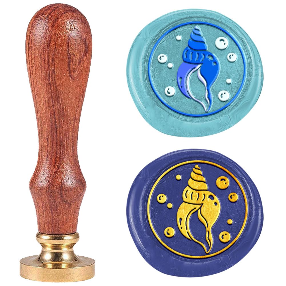 DELORIGIN Conch Wax Seal Stamp Embossed Stamp Sealing Removable 1" Novelty Brass Wax Seal Stamp Head with Wooden Handle Shell Shape Sealing Wax for Invitations Envelopes Gift Packing Craft