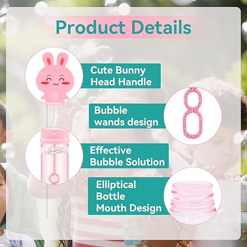 Miniatura 4 de Paquete de 24 varitas de burbujas de conejo para niños, 3 colores grandes de dibujos animados de conejo burbujas a granel con solución de recarga