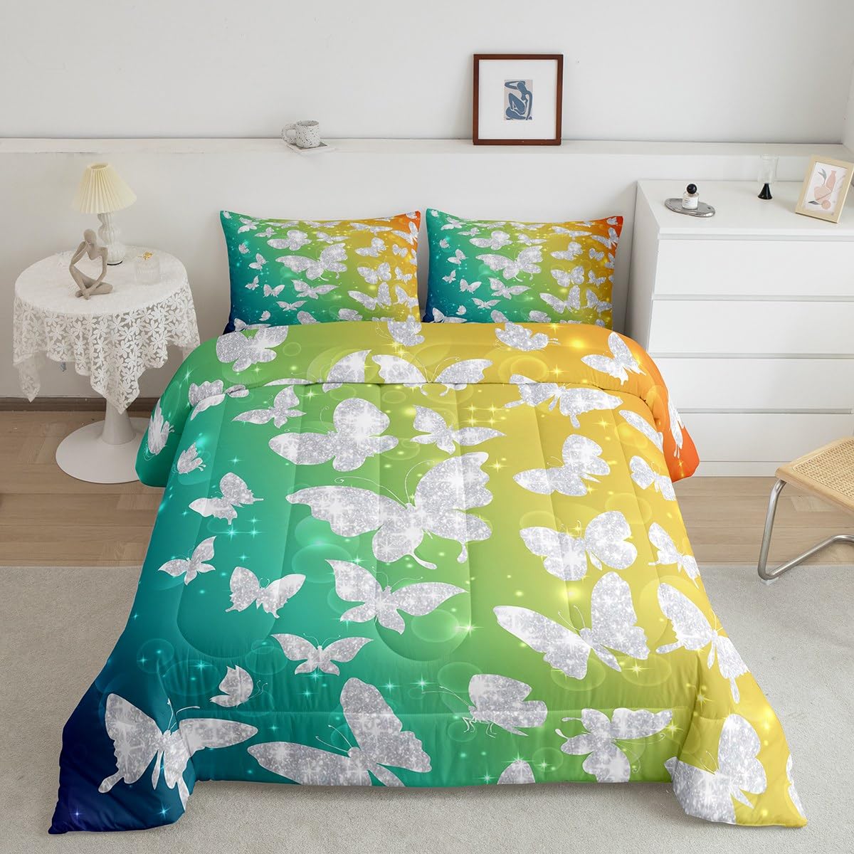 Feelyou Butterfly Bedding Set Full Butterflies Print Comforter Set for Kids Girl Glitter Butterfly Comforter Women Men Teens Decor Beautiful Butterfly Blue Duvet Set Closure